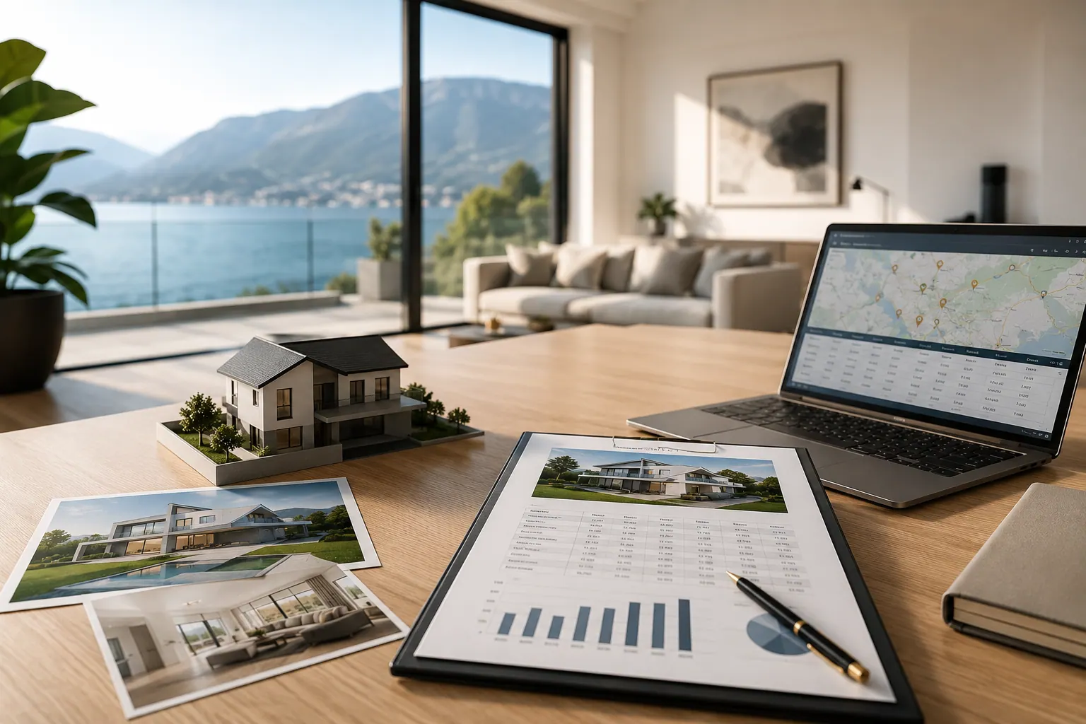 Intérieur moderne avec vue sur le lac pour une estimation immobilière fondée sur le réel