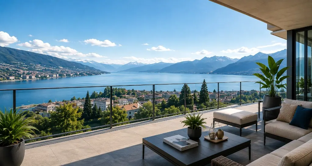 Terrasse moderne avec vue sur le lac en Suisse romande